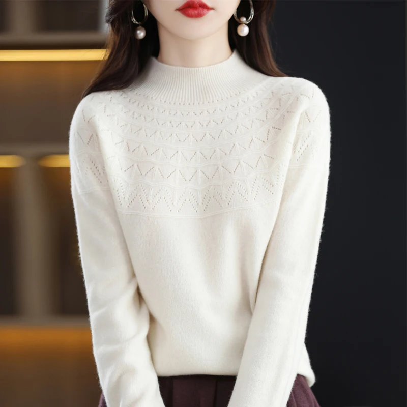 100% Cashmere Sweater Women's Half-Turtleneck Slim Seamless Wool Knitted Bottoming Shirt Hollow Loose In Autumn And Winter