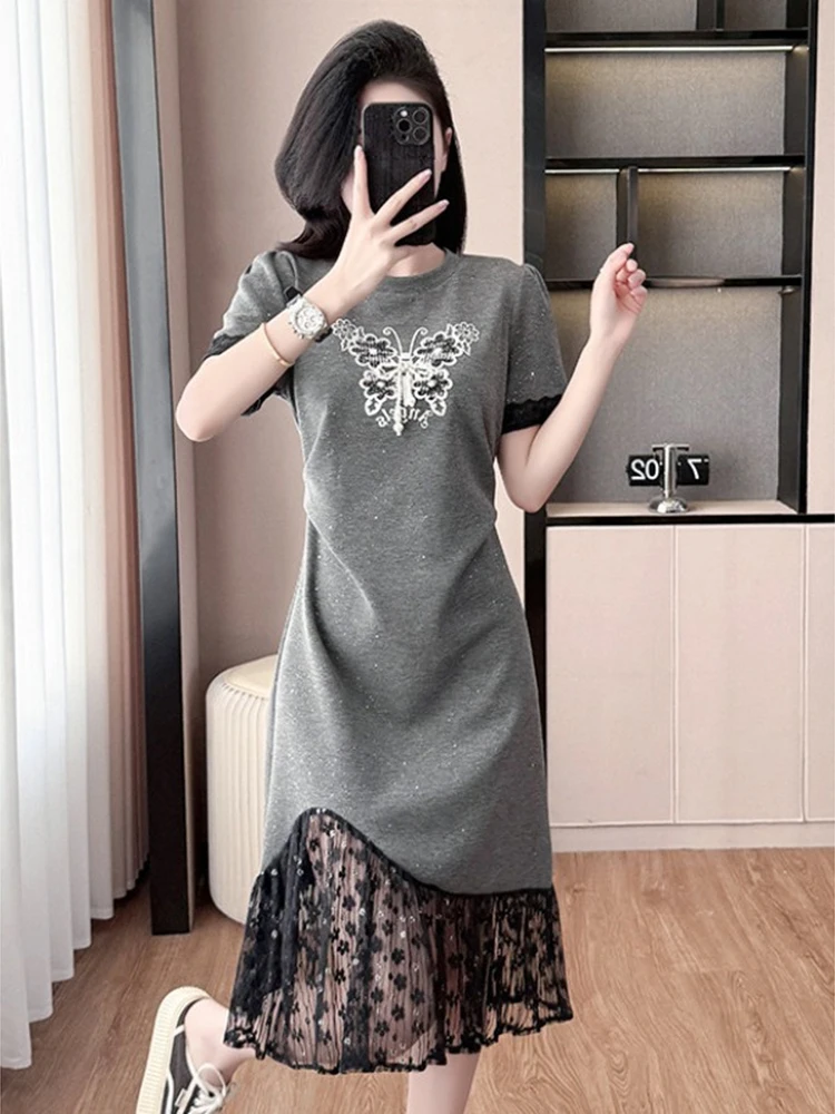 Large size light luxury butterfly lace patchwork heavy industry T-shirt skirt fat mm summer pleated slimming casual dress