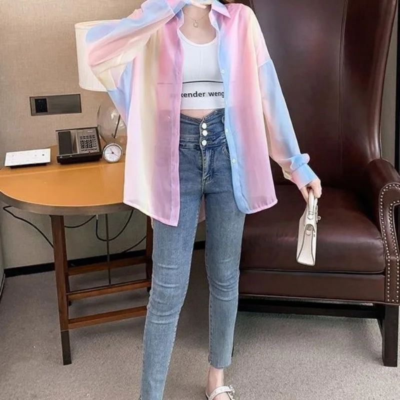 Shirts Women Sun-proof Thin Chic Breathable Holiday Summer Sweet Soft Femme Popular Rainbow Casual All-match Korean Mujer Blusas