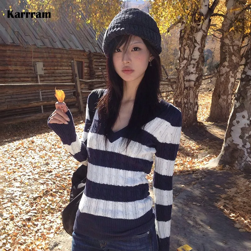 Karrram Japanese Y2k V-neck Striped Sweater Vintage Harajuku Knit Slim Pullovers Korean Style Winter Knitwear 2000s Aesthetics