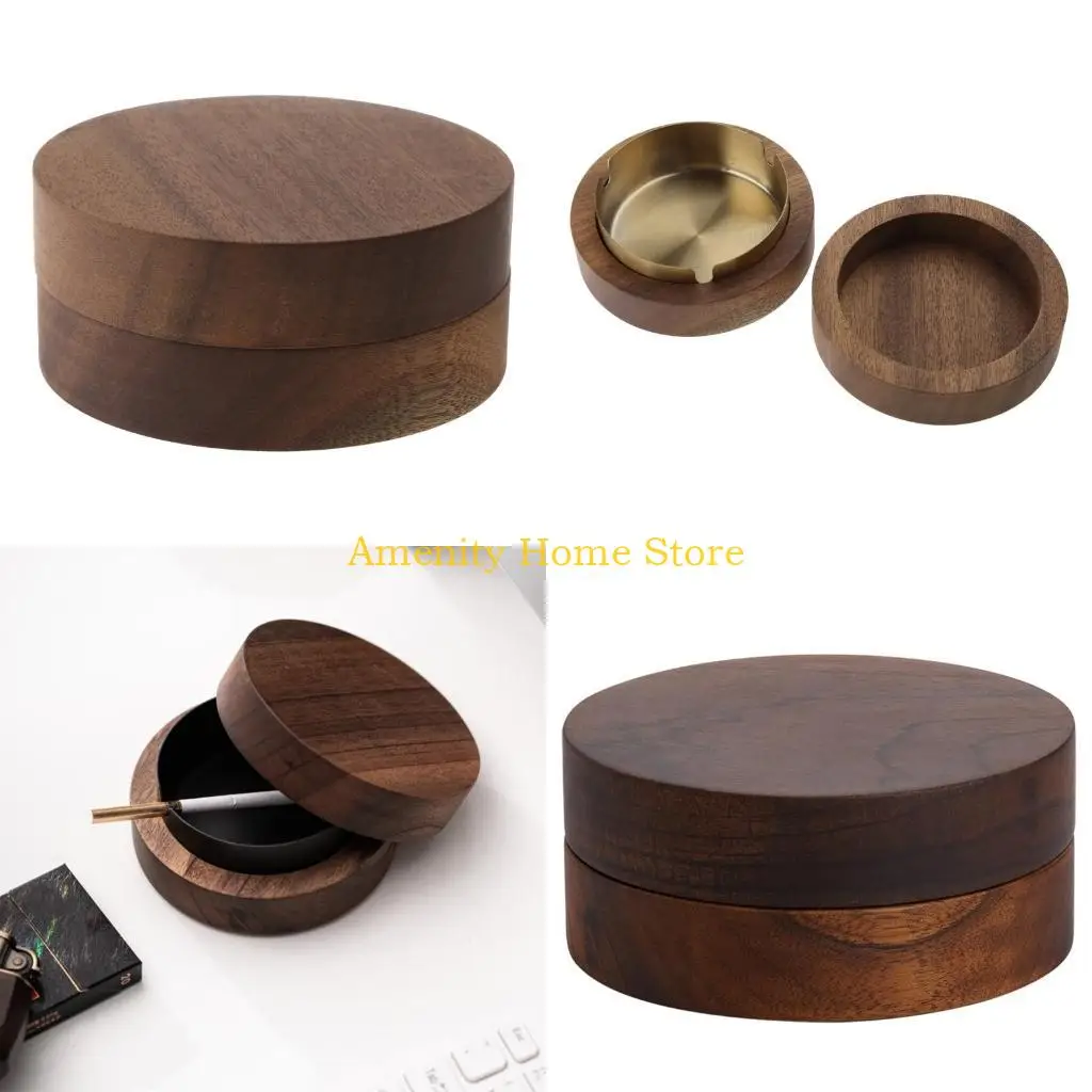 F26C Walnut Ashtray with Lid Indoor Outdoor Windproof Container Household
