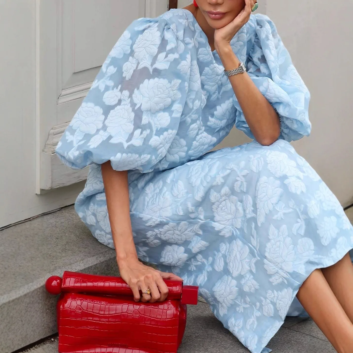 2025 Nieuwe Hemelsblauw Organza Jacquard Reliëf Bubble Mouw Jurk Vrouwen Nieuwe Chinese Stijl Temperament Elegante Lange Jurk