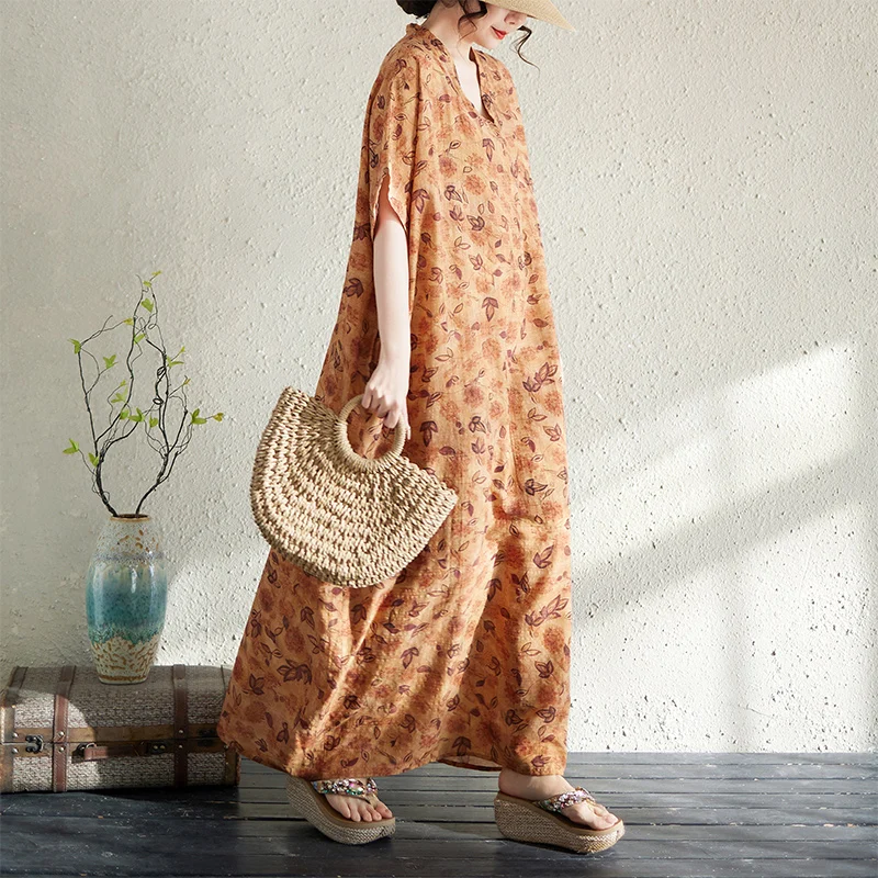 

Summer New Loose Cotton Linen Print V-neck Long Dress Women's Beach Skirt Artistic Style Citywalk Batwing Sleeve Short Sleeve