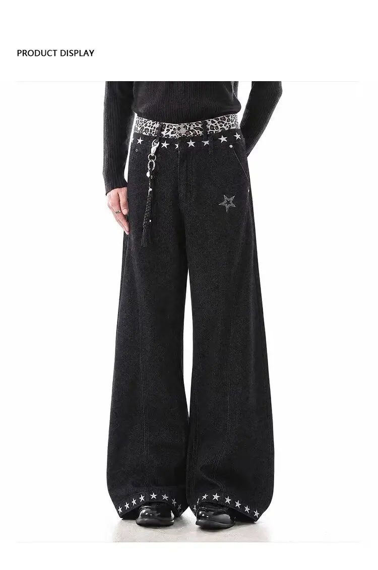 Fake Two-Piece Leopard Print Straight-Leg Jeans American Street Curved Loose Wide-Leg Pants Man's Clothing Denim Pants Streetwea