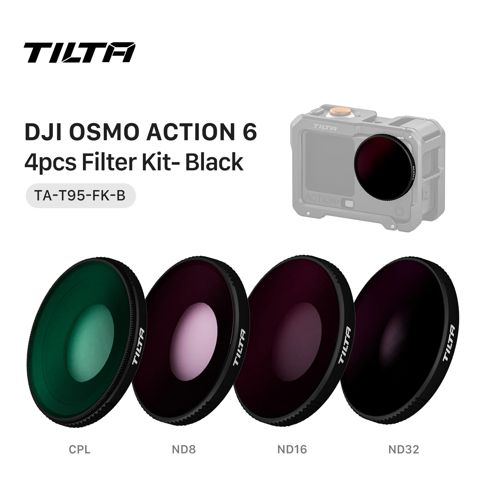 TILTA Osmo Action 6 Cage ND Filter Kit for DJI Osmo Action 6 with ND8 / ND16 / ND32 Filter & CPL Filter Polarizer Filter TA-T95