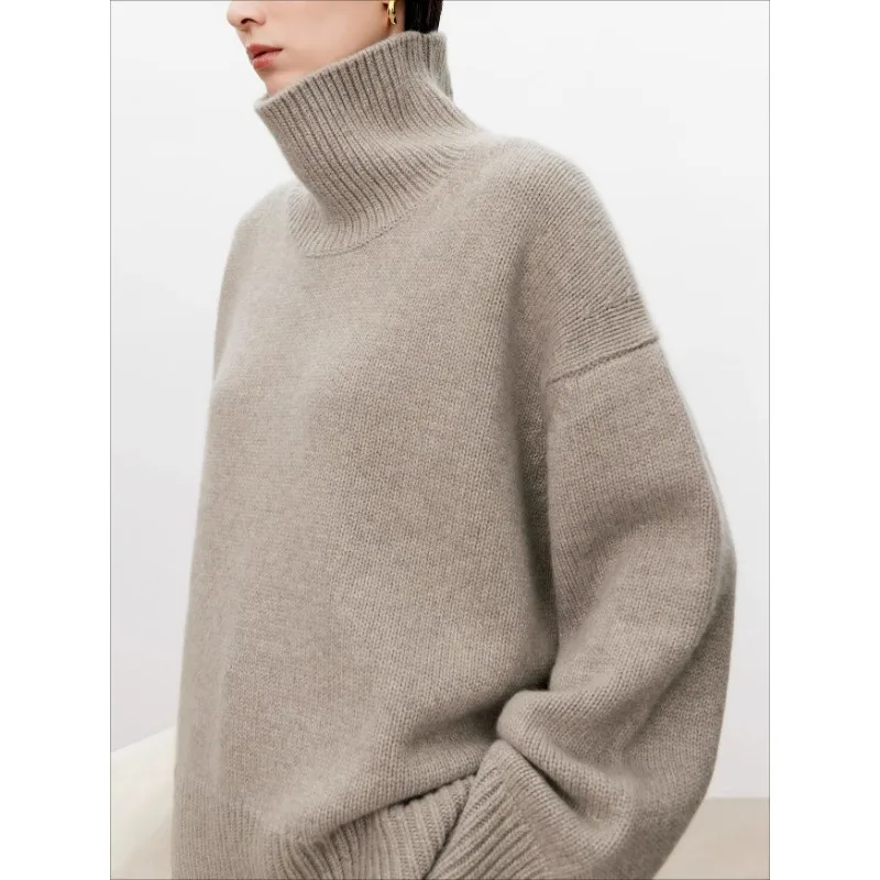 Thickened turtleneck 100% pure cashmere sweater women\'s loose lazy knit silhouette sweater European products