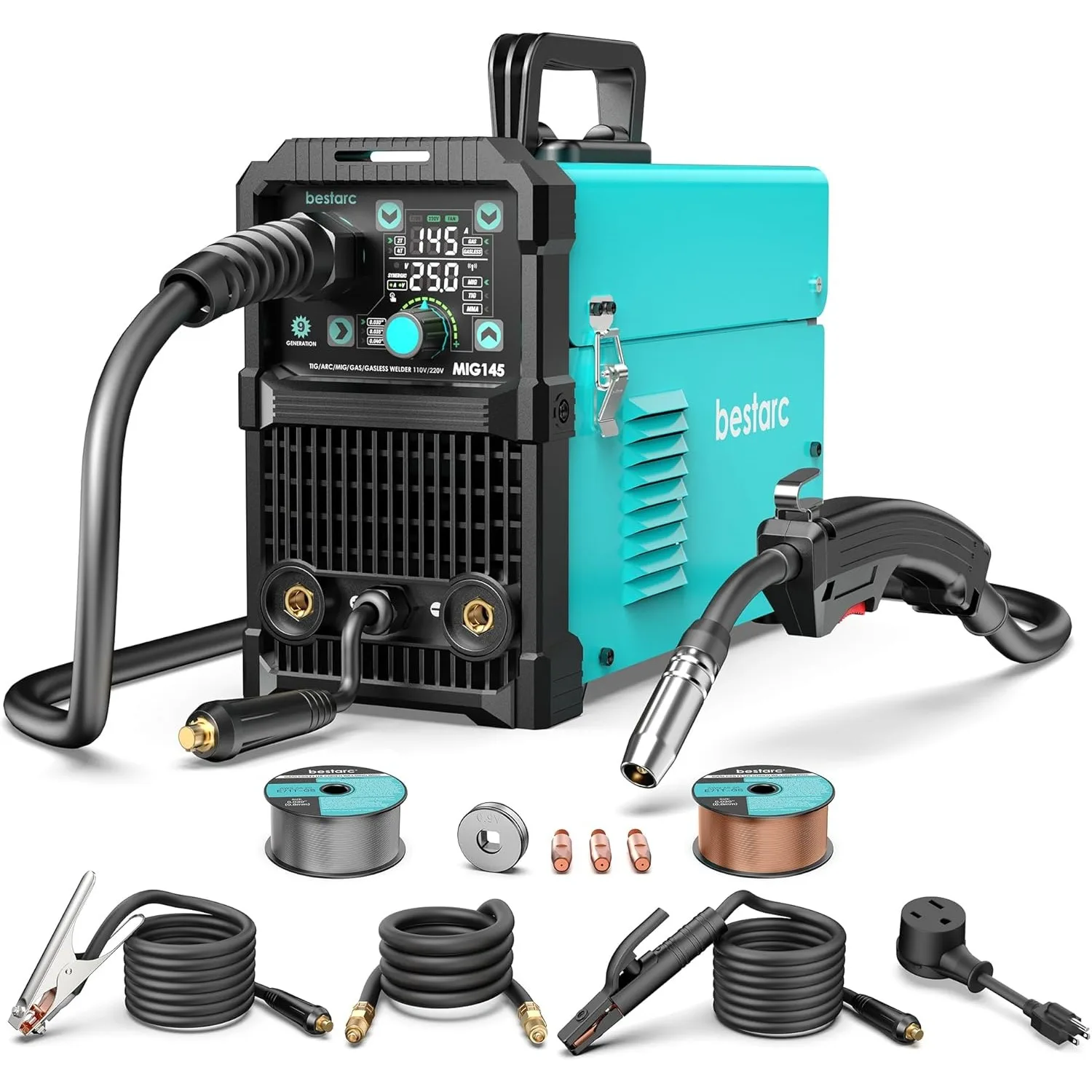 145A MIG Welder 110V/220V Dual Voltage Gas/Gasless Flux Core MIG /Lift TIG/Stick 3 in 1 Synergic MIG145 9GEN Welding Machine