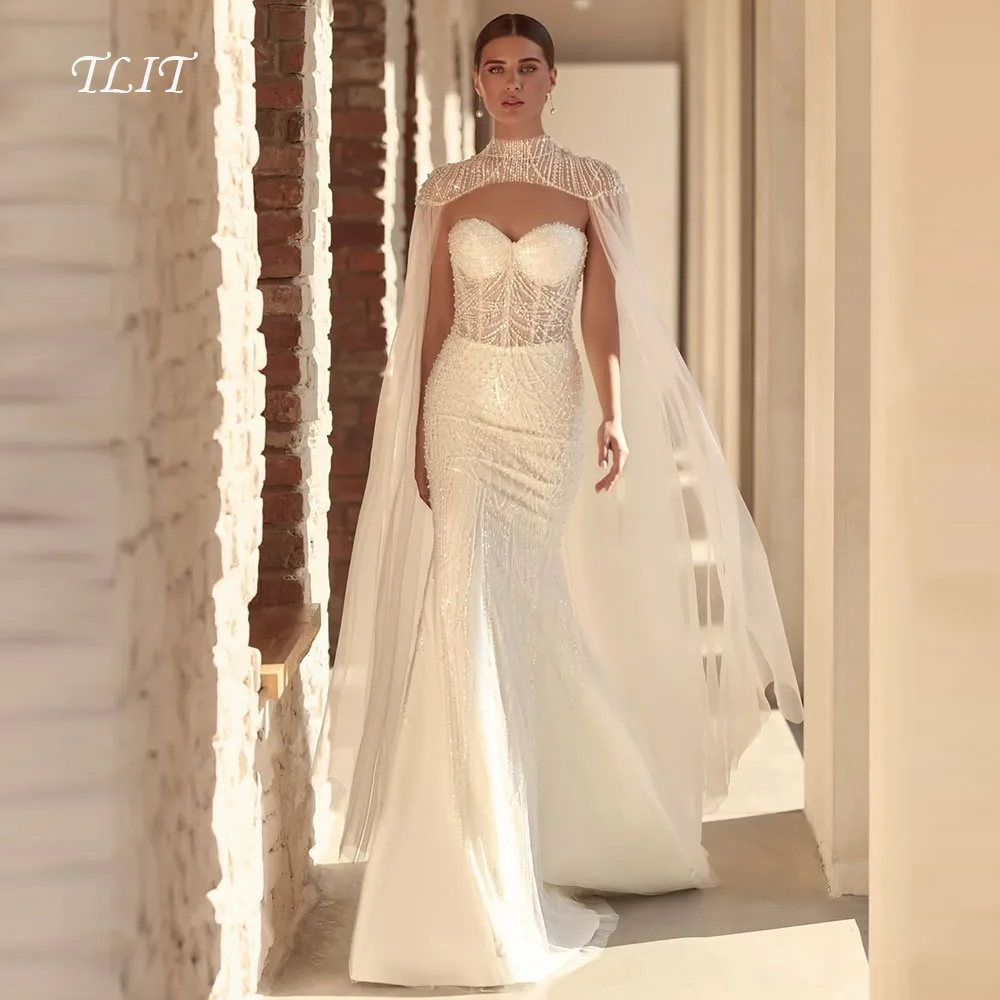 Luksusowe suknie ślubne typu syrena z koronki, szyte na miarę, z dekoltem w serduszko, zdobione perłami, suknie ślubne z koralikami i szalem.