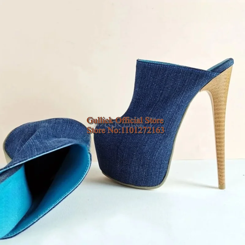 

Wooden Pattern Striped Women Blue Denim Mules Stiletto Heel Platform Slip-On Slippers Round Toe Women Footwears Shoes