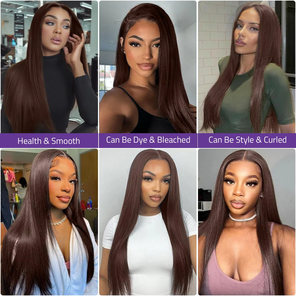 # 4 초콜릿 브라운 스트레이트 인모 가발 초콜릿 브라운 스트레이트 13x6 레이스 프론탈 인모 가발 여성용 200% 밀도