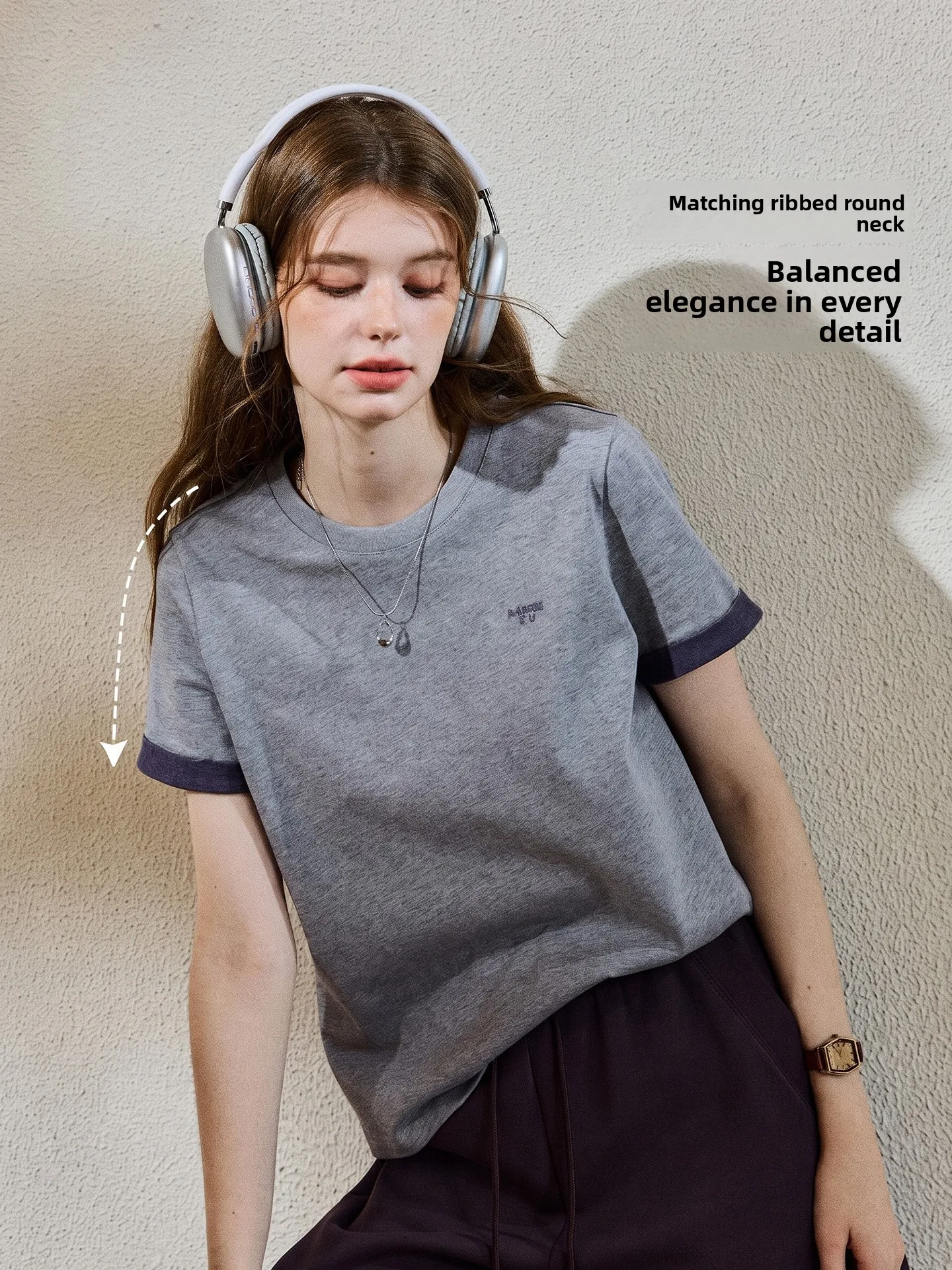 100% Cotton Short Sleeve T-Shirt Summer Lightweight Commute Work Simple Clean Shoulder Line Slimming Top for Young Women