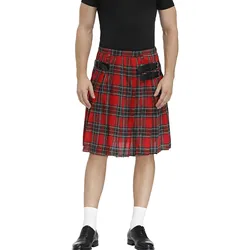 ลายสก๊อตสีแดง Scottish Kilt ผู้ชายแฟชั่น Retro Scottish Contrast สีเข็มขัดจีบกระโปรง Highland Tartan ยูทิลิตี้ Kilt ฮาโลวีน