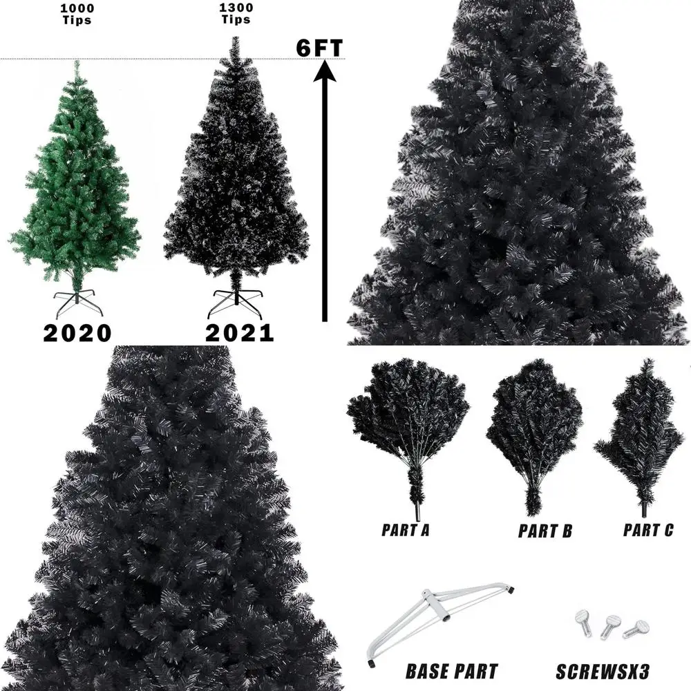

6-Foot 1300-Tip Artificial Spruce Christmas Tree with Metal Stand for Indoor and Outdoor Holiday Decor, Easy Assembly, Black