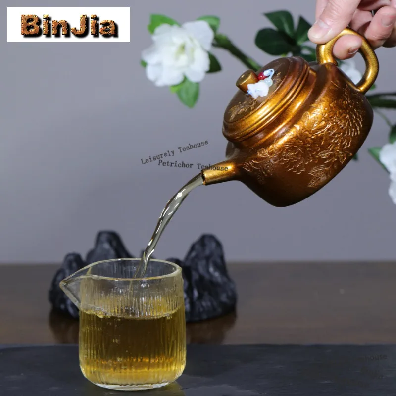 310ml Boutique Yixing Purple Clay Teapots Handmade Gilded Peony Pot Raw Ore Keel Gold Sand Mud Kettle Zisha Tea Set Collection