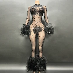 Black Diamond Fur Sexy Slim Fit Party Round Neck Long Sleeved Jumpsuit