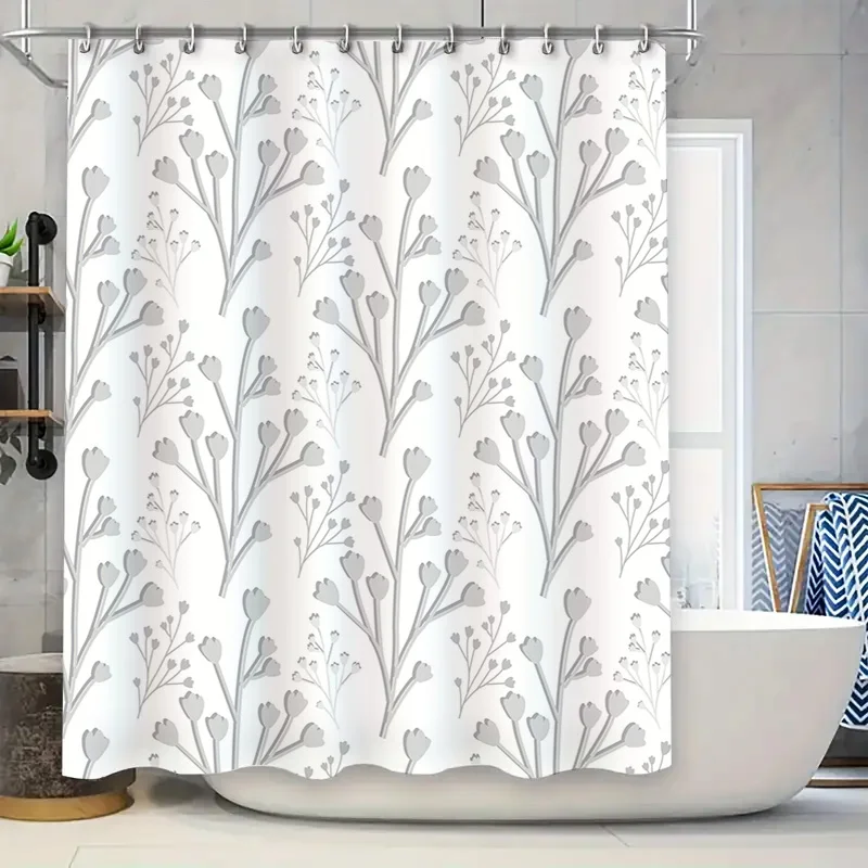 

Стильная бело-серая занавеска для душа с цветочным принтом для декора ванной комнаты, водонепроницаемая ткань с кольцами в комплекте (размер 72x84 дюймов)