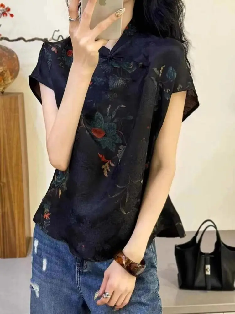 

New Chinese retro simple elegant black printed women's top summer Y2K Harajuku style trendy women's round neck t-shirt