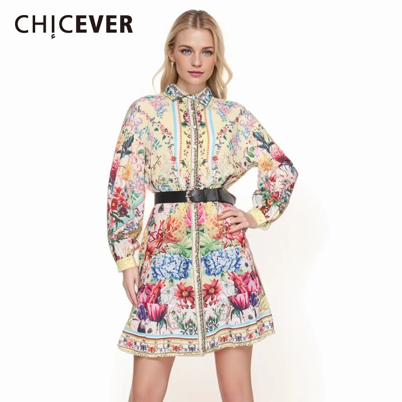 

CHICEVER Spliced Belt Mini Dress For Women Lapel Long Sleeve High Waist Printing Loose Vintage Hit Color Dresses Female Summer