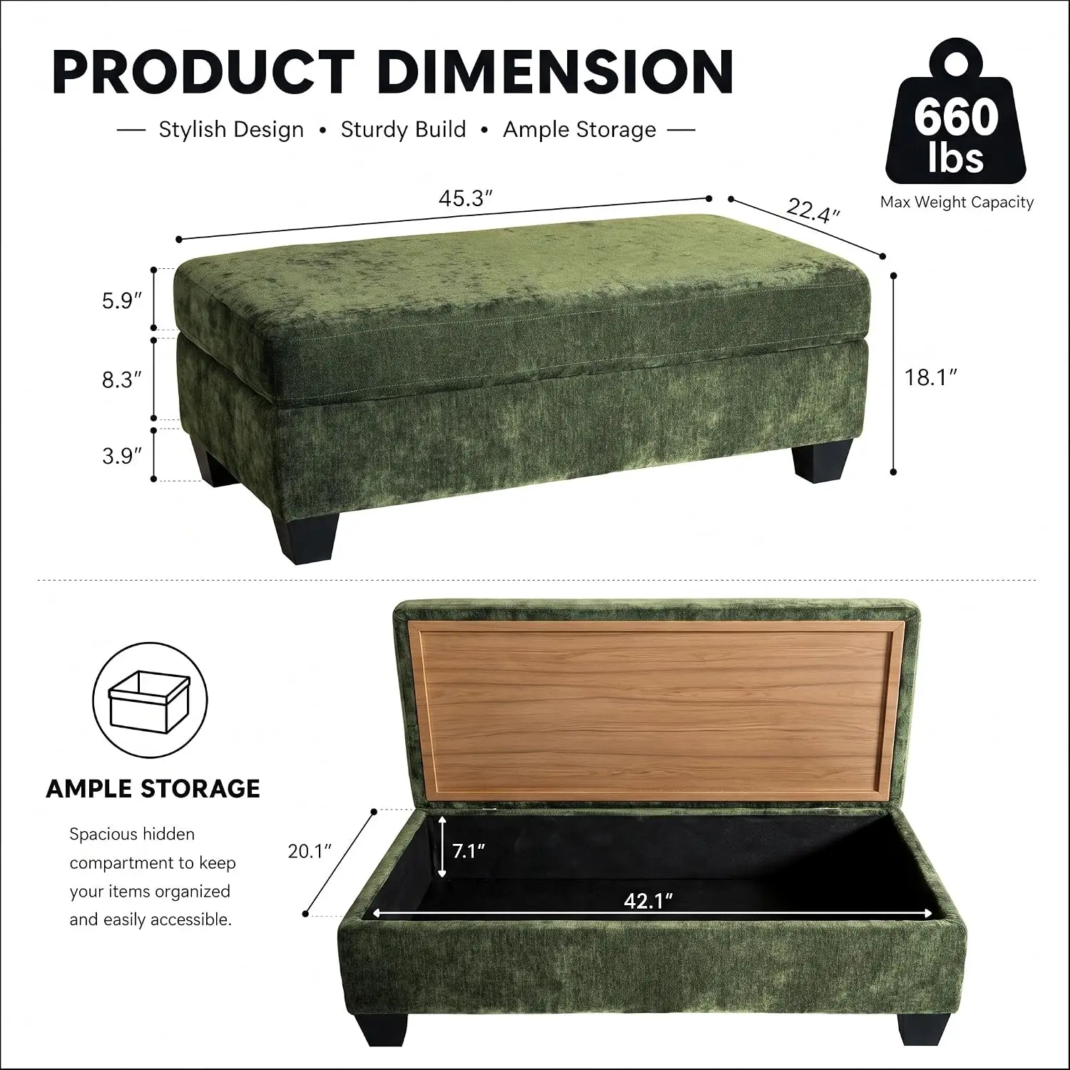 Chenille Storage Ottoman with Reversible Tray, Upholstered Bench, Solid Wood Legs, Bedroom Entryway Footrest, Green, Customized
