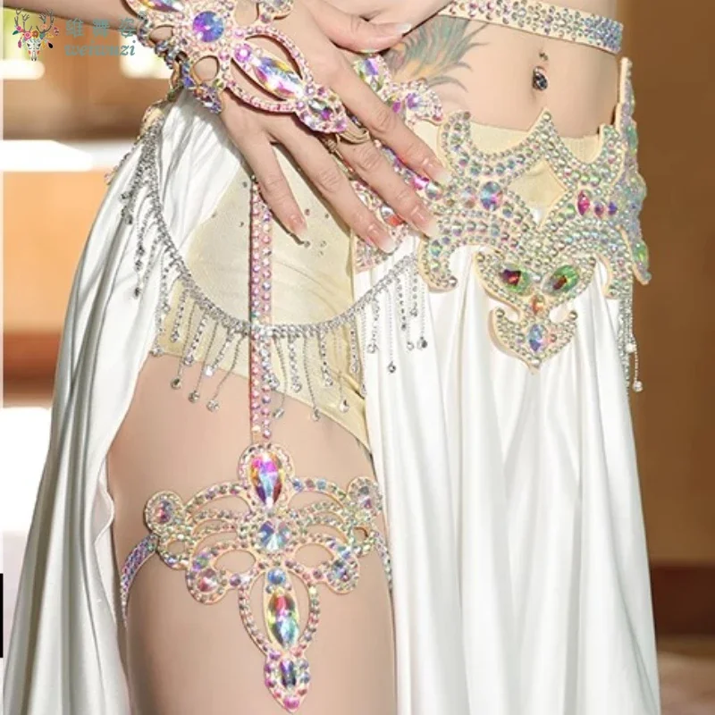 Accesorios de actuación de danza del vientre para mujer, cinturón de cadena con piedras AB para personas mayores, lazo de pierna de competición de lujo para niña, superbrillante