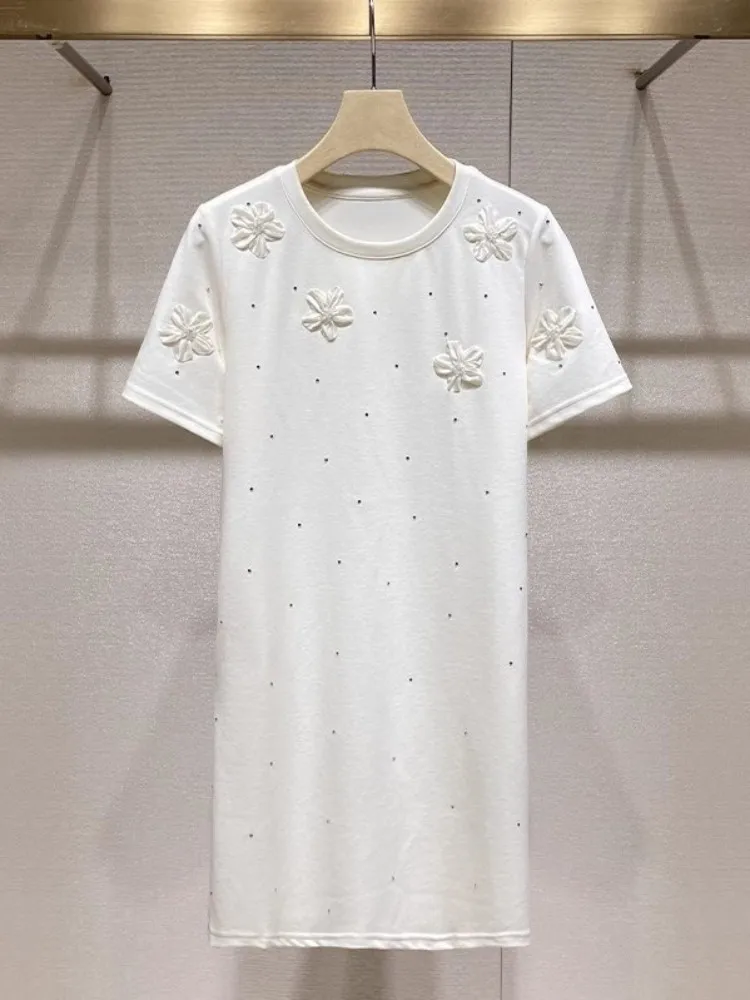 Vestido informal de verano para mujer, vestidos de camiseta de manga corta con flores de Color sólido y diamantes, jersey con cuello redondo, vestidos cortos de línea A
