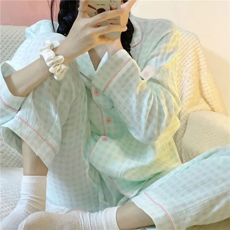 여성용 긴 소매 스포츠웨어 세트 봄 가을 편안한 피부 친화적인 격자 무늬 홈웨어 아우터웨어 귀엽고 달콤한 스타일