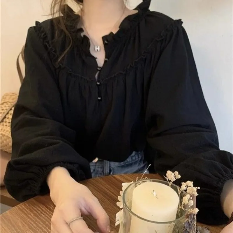 Spring and Autumn Women\'s 2024 New Pullover Round Neck Lantern Sleep Spliced Button Long Sleeved Versatile Long Sleeved Shirt