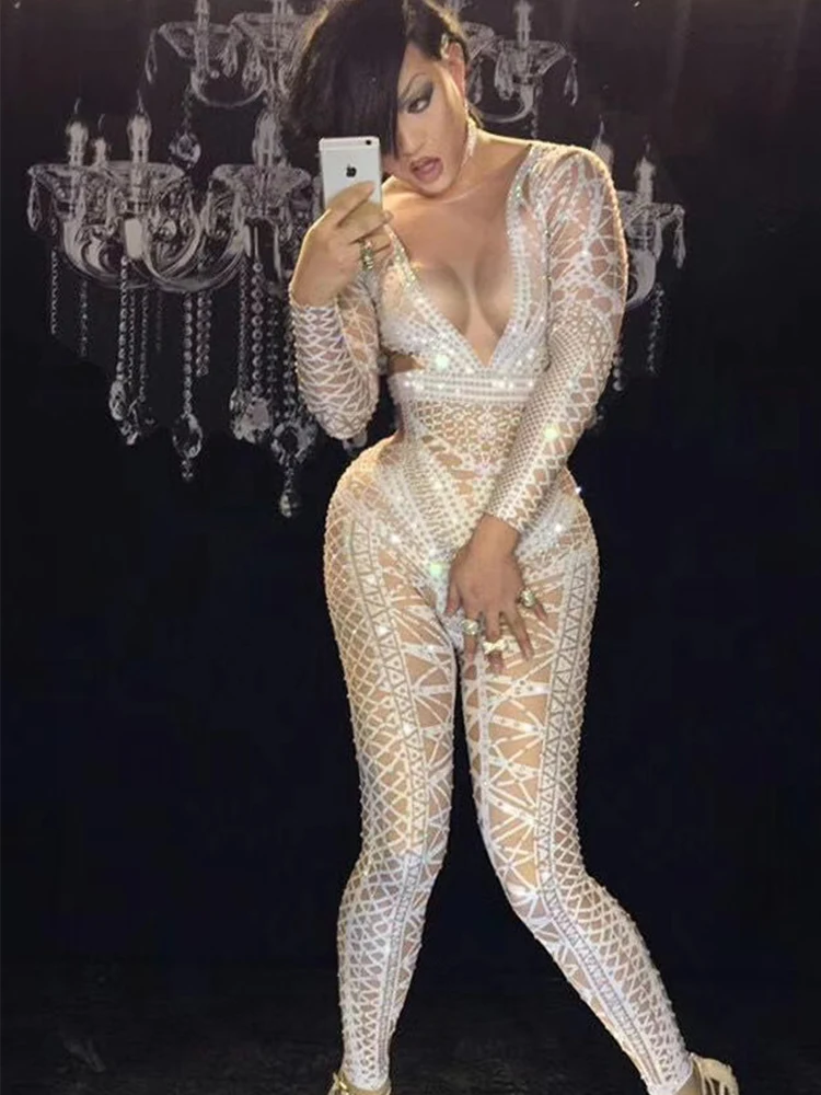 

Custom Sexy White Glitter Jumpsuit Womens Rhinestone One Piece Nightclub Party Wear Dance Singer Stage Performance Gogo Costumes