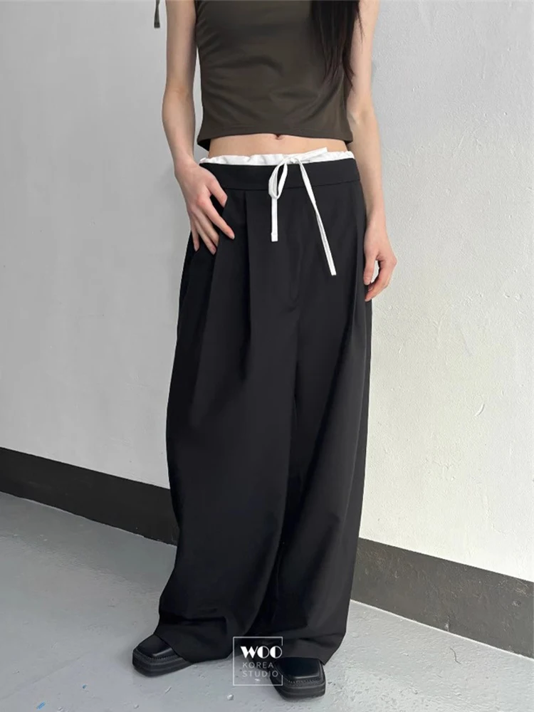

2025 Autumn Winter Women Korean Fashion Wide Fit Pants Long Trousers Baggy 2000s Loose Casual Pantalones Vintage Fake Two Pieces