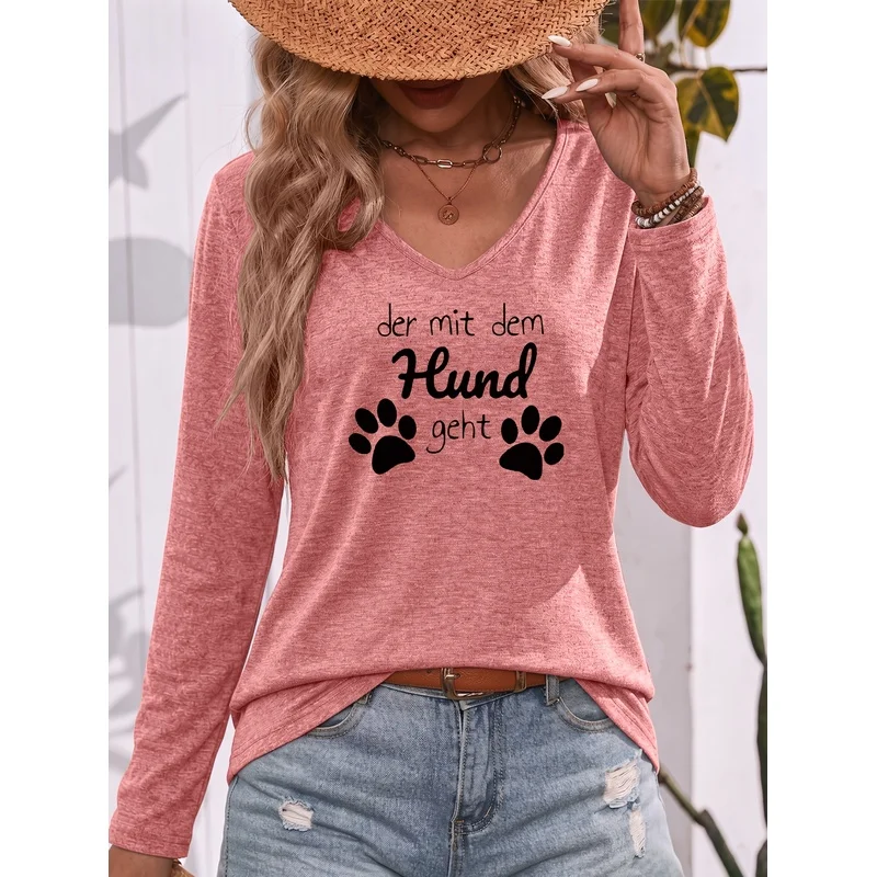 Dog Lover Identity Lifestyle T Shirt Colored V Neck Long Sleeve Paw Print German Letter Print der Mit Dem Hund Geht Daily Travel