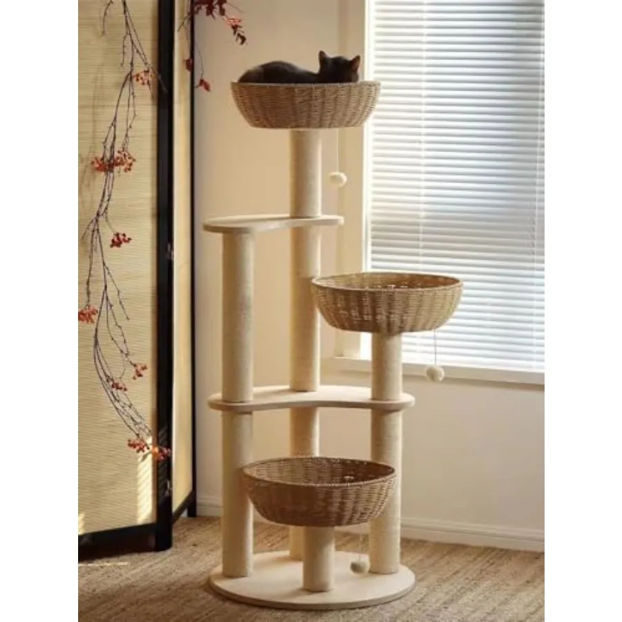 

Современный деревянный кошачий комплекс для крупных кошек с отделкой из ротангового дуба, 3 плетеных гнезда, моющиеся подушки, сизалевые когтеточки