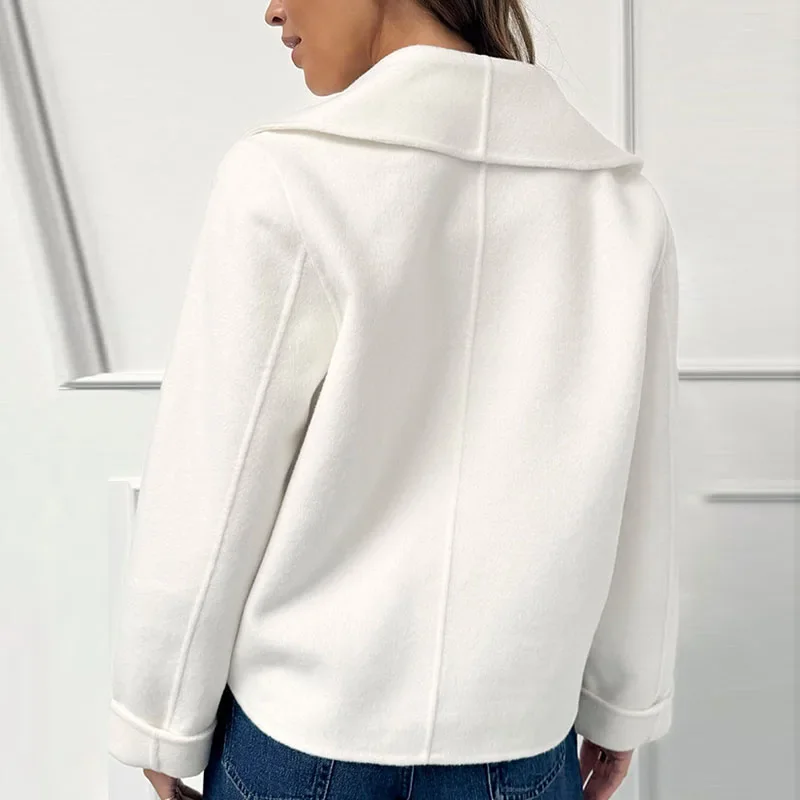 أزياء بسيطة الصلبة معطف الصوف الناعم امرأة التلبيب الياقة المفتوحة غرزة سترة أعلى الخريف الشتاء طويلة الأكمام جيب سترة ملابس خارجية