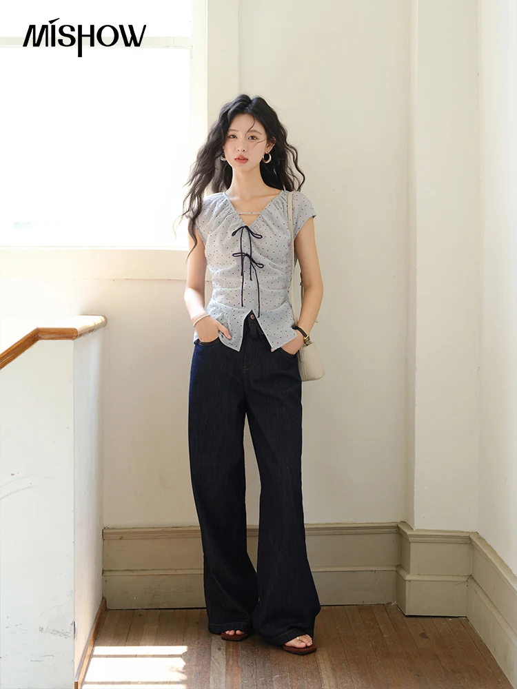 MISHOW Women's Elegant Blouses 2025 Summer Ladies V-Neck Bow Spliced Polka Dot Garment Sleeves Top Female Clothing MXE37X1909