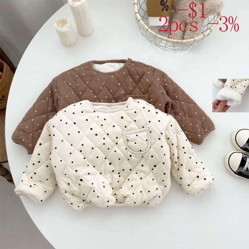 MiniAinis Winter New Baby Double Layered Velvet Thickening Tops Girls Warm Embroidered Quilted Cotton Circular Dots Coat Clothes