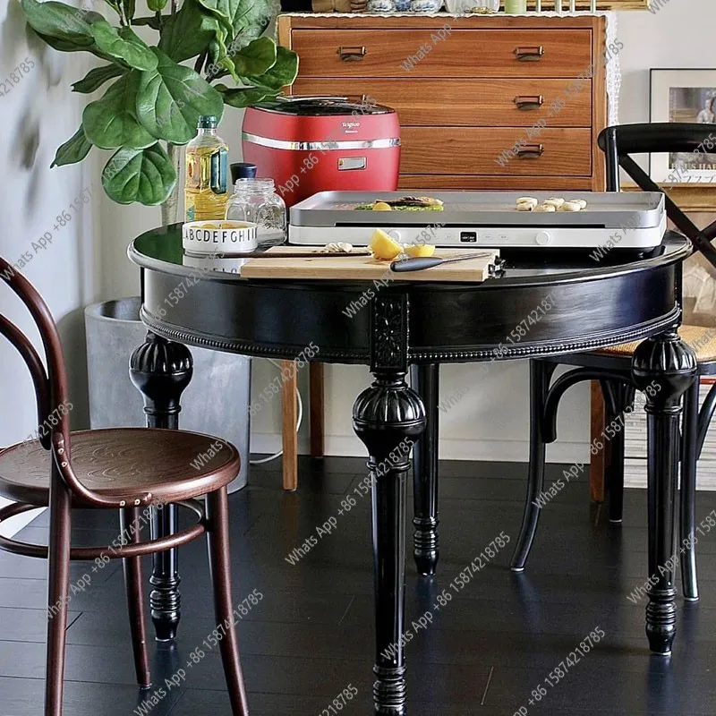 

French vintage solid wood dining table and chair combination American simple black round dining table furniture customization