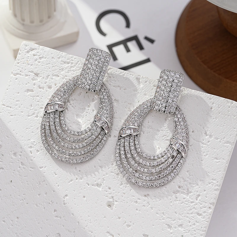 SENYU Elegant Classic Ovl Shape Big Earrings for Women Gradient Surround CZ Jewelry Luxury Dubai Wedding Fashion Bridal Earrings