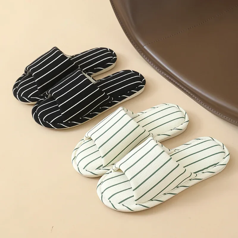 

New Arrival Linen Slippers for Women Autumn Season Indoor Home Use Silent Anti-Slip Cotton-Linen Striped Couple Shoes Wholesale