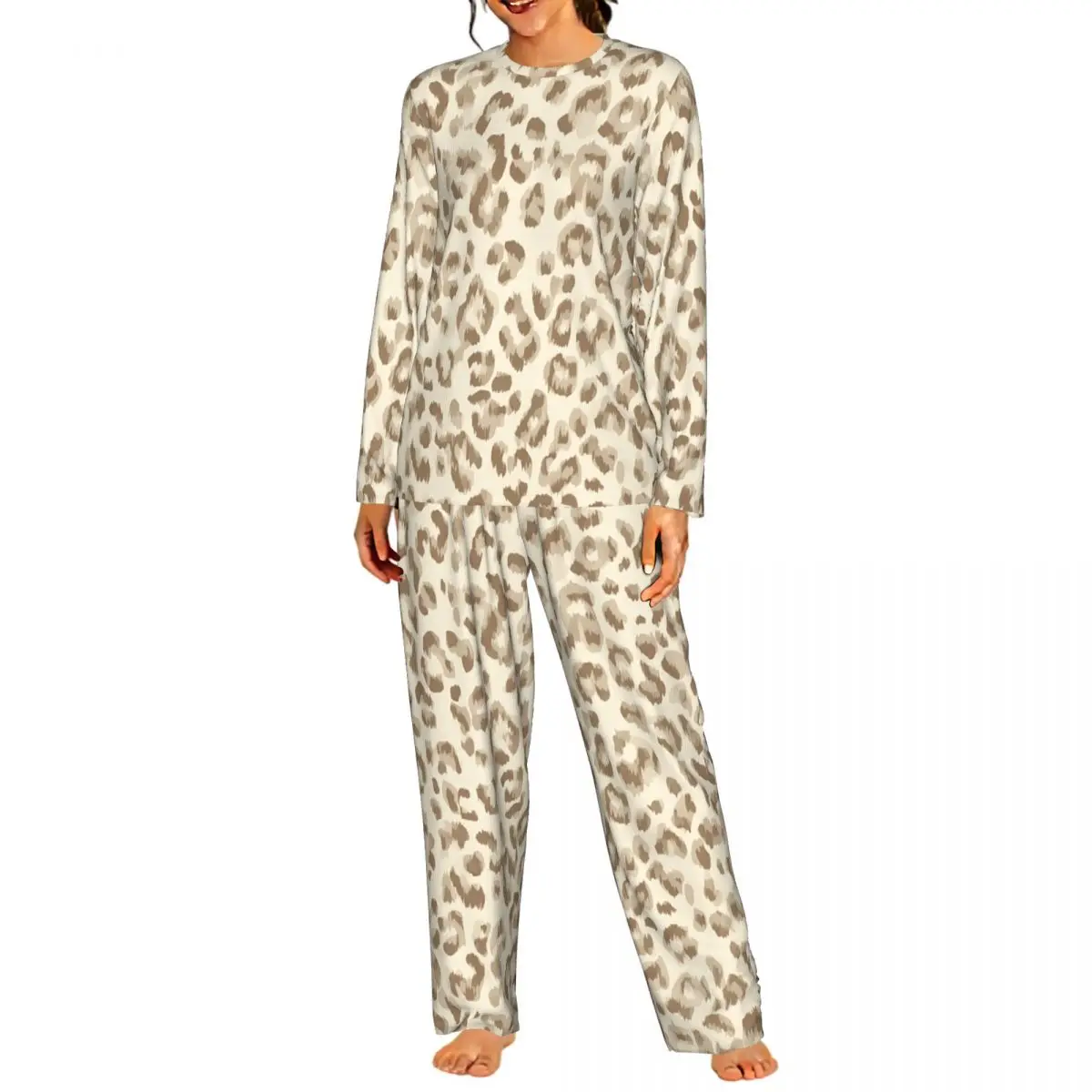 Light Leopard Pattern Round Neck Long Sleeves Nightdress for Sleeping Sleepshirts Women Loose Pajama Set Long Pants