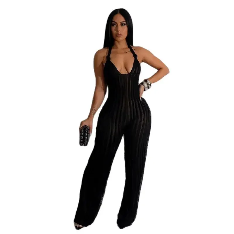 Women Hanging Neck Lace-up Jumpsuit Straight Pants Backless Sleeveless Rompers Female Mesh Stripe Deep V Neck One-piece Trousers