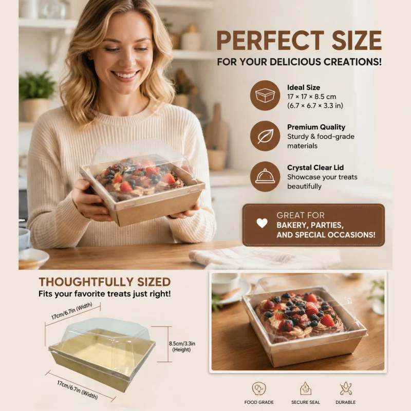 YunHePKG 24PCS 4Inch 17x17x8.5cm Thick Food Grade Kraft Cake Boxes w/ Clear Lids for Baking Cheesecake Tiramisu Small Business
