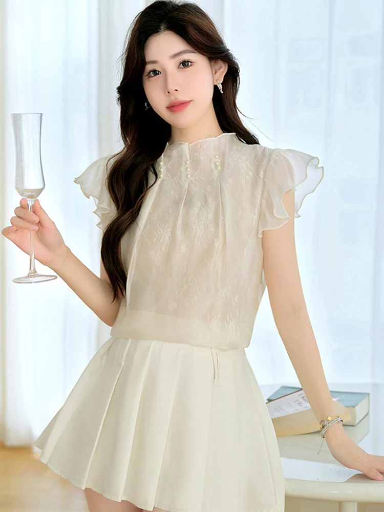 Summer French Temperament Nail Bead Stand Collar Flying Sleeve Chiffon Shirt Women\'s New Fashionable Short Sleeved Top S610