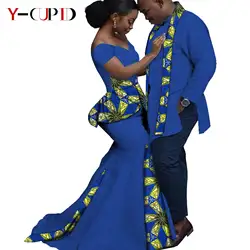 African Print Ruffles Mermaid Long Dresses Matching Couple Clothes Dashiki Men Top and Ankara Scarf Party Wear S20C013