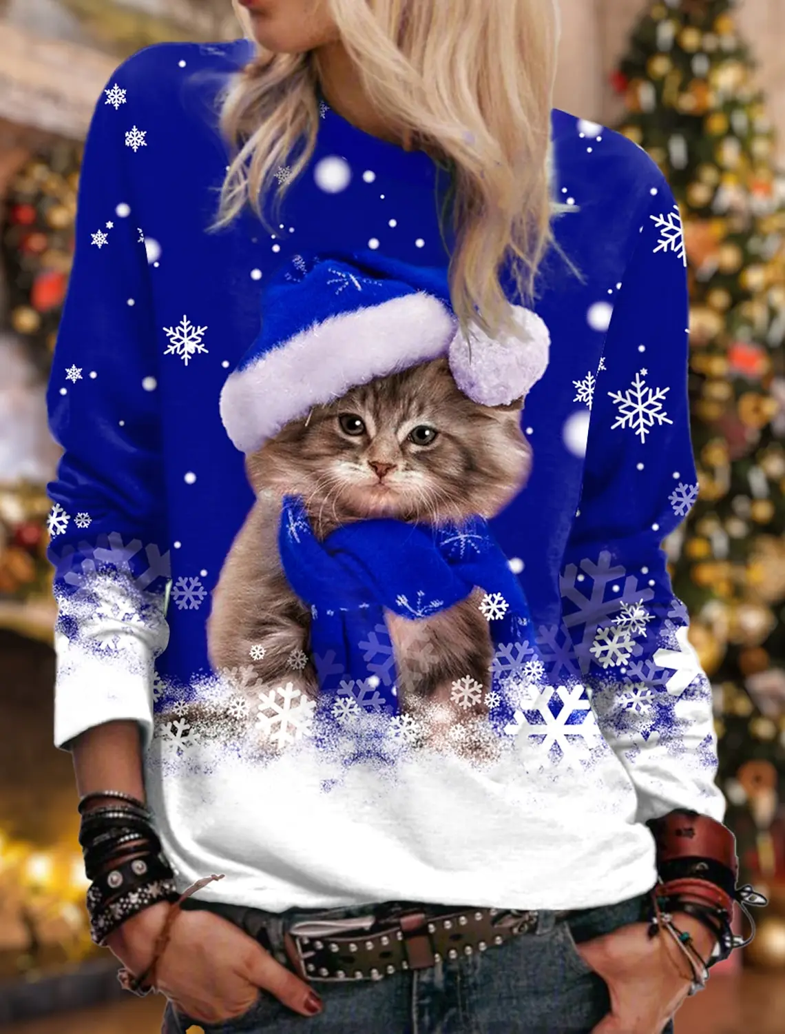 Christmas Women\'s Sweatshirt Cat Sportswear Holiday Print Christmas Casual Round Neck Long Sleeve Top Micro Stretch S-3XL