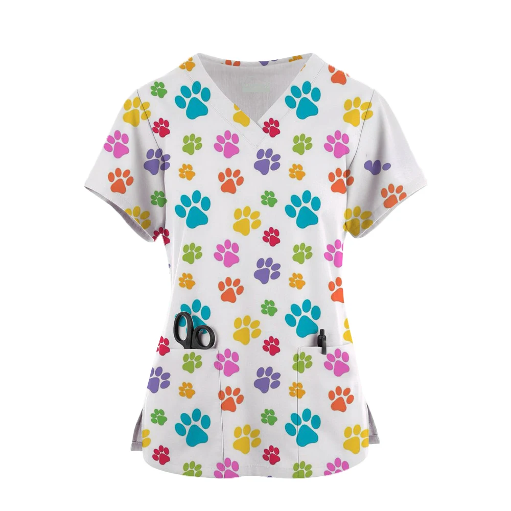 

Cartoon Printing Surgical Uniforms for Women, Veterinary Scrub Tops, Dog Paw Print, Medical Accessories, New