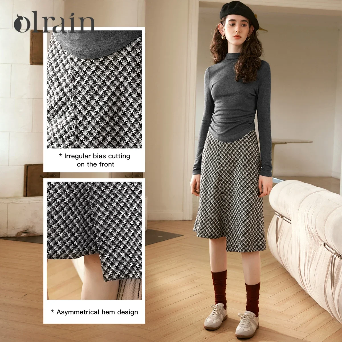 OLrain Karierte Bleistiftröcke für Damen, 2025, Herbst, französischer Stil, A-Linie, unregelmäßig, hohe Taille, eleganter mittellanger Rock N56QB95001