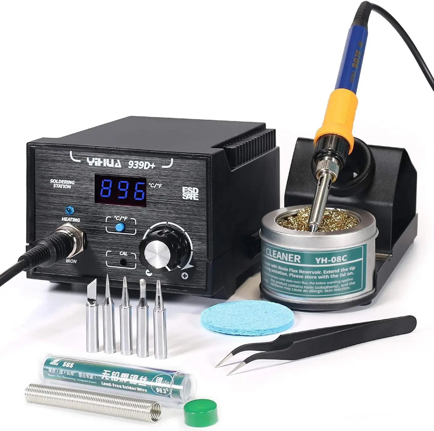 

939D+ Digital Soldering Station, 75W, Precision Temp Control 392°F–896°F, ESD Safe, °C/°F Display (Black)