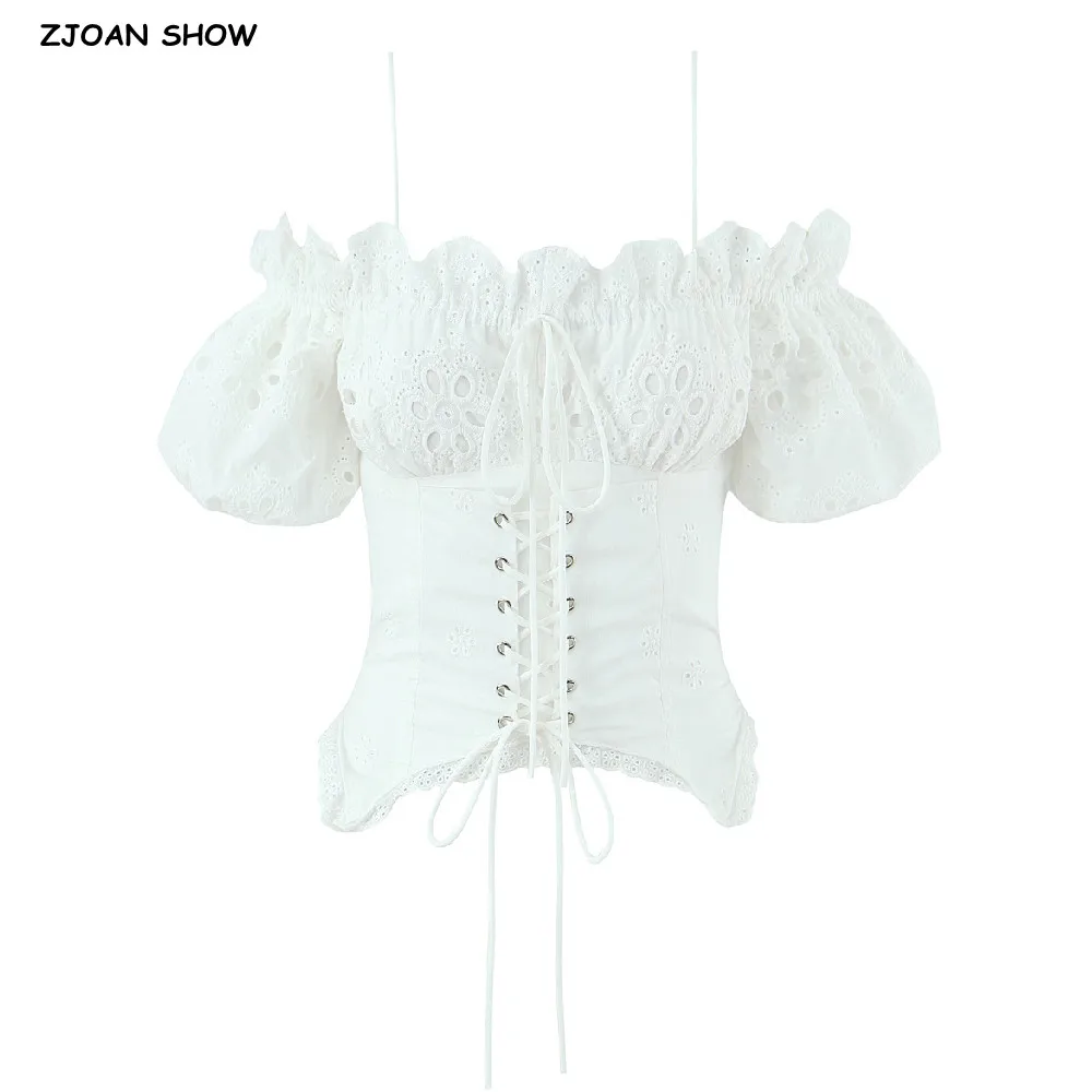 White Hollow Out Embroidery Off Shoulder Camisole Women Summer Cross Lacing Up Front Elastic Back Tank Tops Girl Slim Crop Top