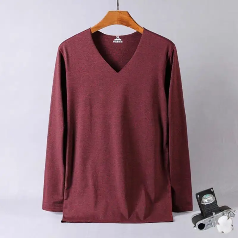 Autumn Winter Men Thermal Underwear Soft Plush Thin V-Neck Elastic Velvet T-shirt Daily Bottoming Long Sleeves Pullover Tops