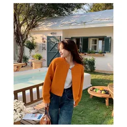 Solid color zipper sweater jacket for women in spring and autumn 2024, new short and versatile loose and slimming knit cardigan