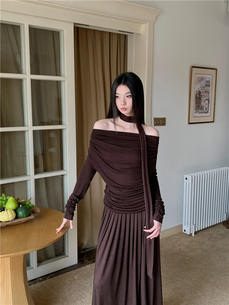 CHEERART Brown Knitted 2 Piece Sets Women Outfit Long Sleeve Ruched Top And Pleated Skirt Sets Winter Outfit Clothes 2024